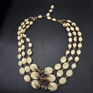 Beige Brown Aurora Borealis Beaded Necklace Layered Vintage Costume Jewelry